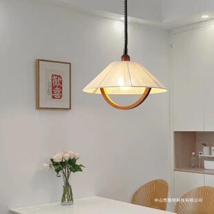 中古风伸缩布罩吊灯极简餐厅复古原木餐桌升降灯民宿氛围感灯饰