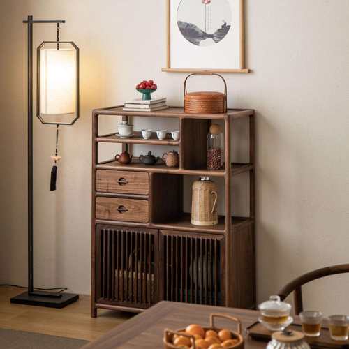 茶柜茶室实木边柜黑胡桃木北美阳台储物柜书柜矮柜新中式小老榆木