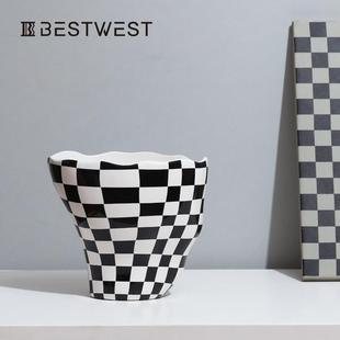 Bestwest不规则黑白棋盘格高脚釉面花瓶花器法式家居客厅装饰品