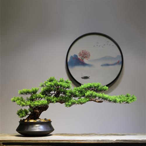 飘窗 善逸 新中式仿真迎客松禅意花盆景摆件 微景观家居艺术装饰