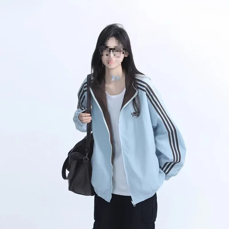 春秋美式三条杠男女夹克双面穿宽松情侣棒球服运动百搭小众外套潮