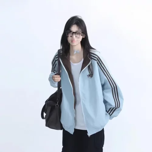 春秋美式三条杠男女夹克双面穿宽松情侣棒球服运动百搭小众外套潮