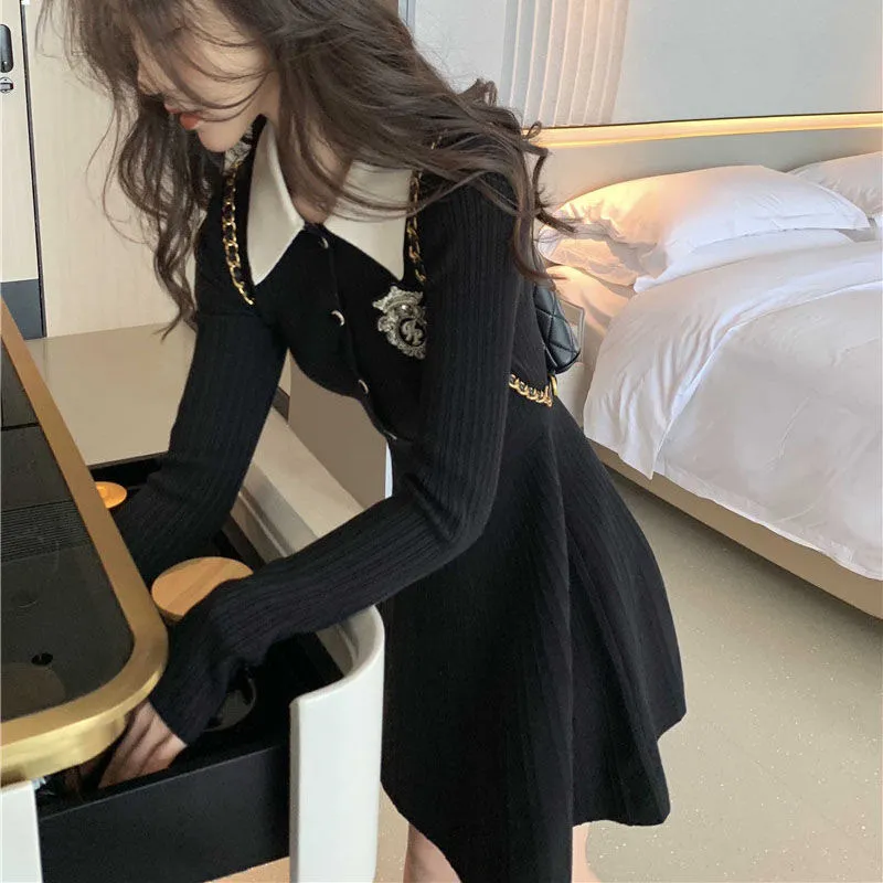 新款黑色长袖针织连衣裙女秋小个子学院风修身显瘦气质小裙子女装
