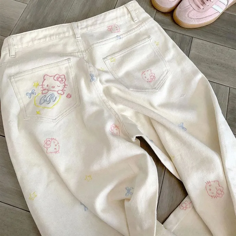 设计感美式高腰直筒牛仔裤女夏季可爱kitty猫咪刺绣显瘦阔腿裤子