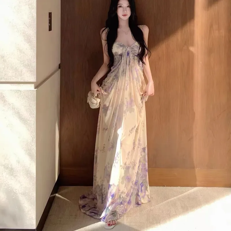 度假风设计感紫藤绕心碎花露肩吊带长裙礼服裙绝美仙女连衣裙女夏