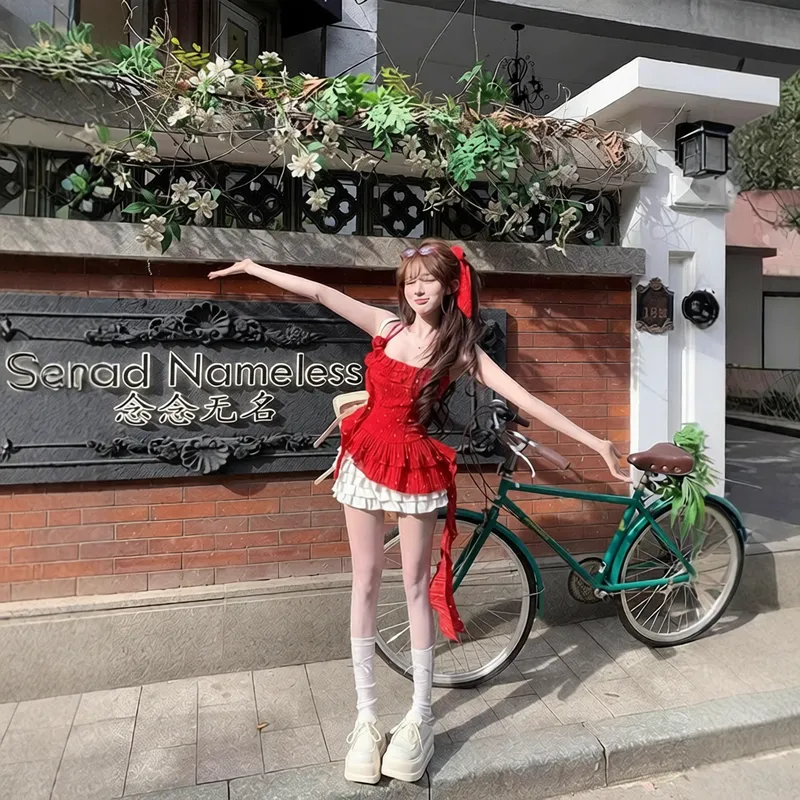 甜辣妹红色花朵吊带背心女夏季荷叶边修身无袖外穿设计感绝美上衣