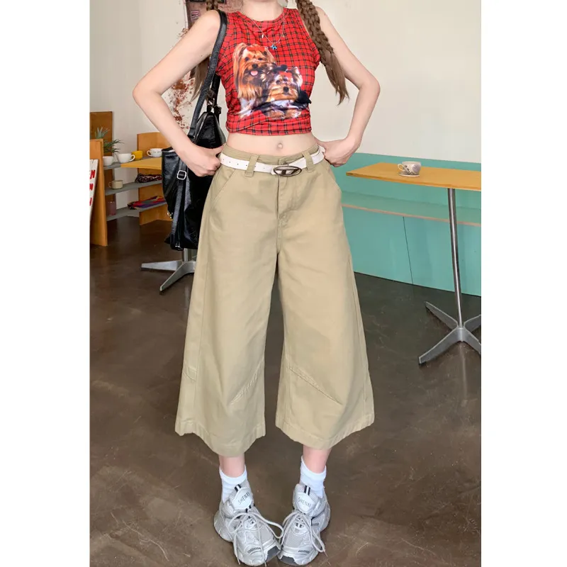 卡其色阔腿八分牛仔裤女2025新款高腰小个子直筒七分中裤夏季薄款