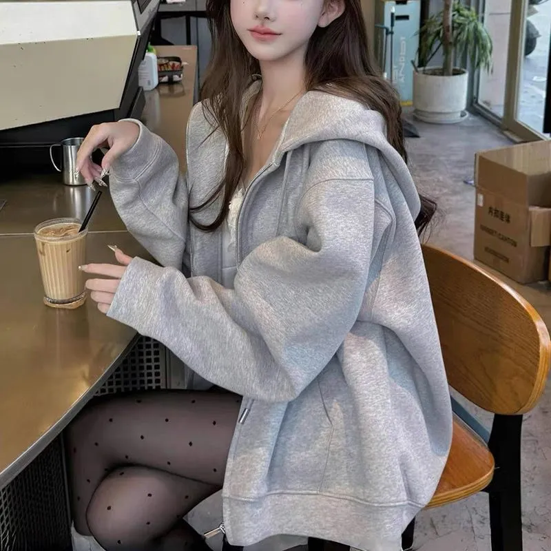 灰色卫衣外套女春秋季薄款韩系慵懒美式chic宽松连帽拉链开衫上衣图片