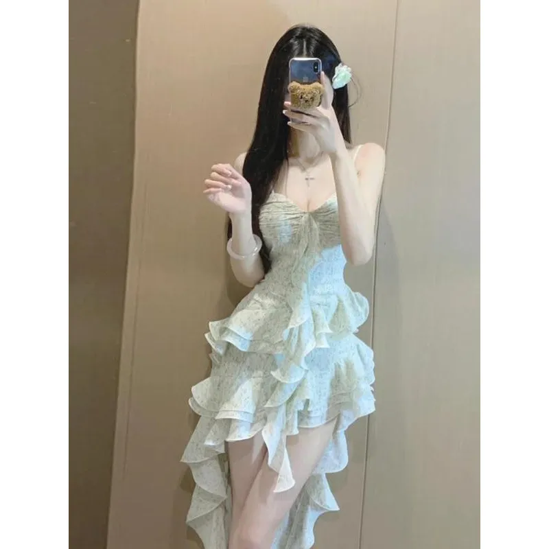 辣妹荷叶边吊带连衣裙仙女夏季白色裙子重工高级感不规则气质长裙
