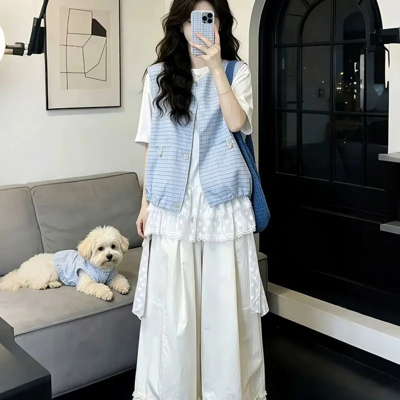 大码女装夏季复古日系蓝格子马甲蕾丝拼接短袖T恤阔腿裤三件套女