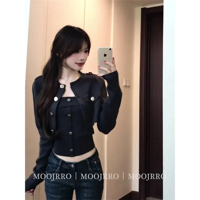 美式辣妹套装女夏季高级感单排扣抹胸上衣长袖短款针织开衫两件套