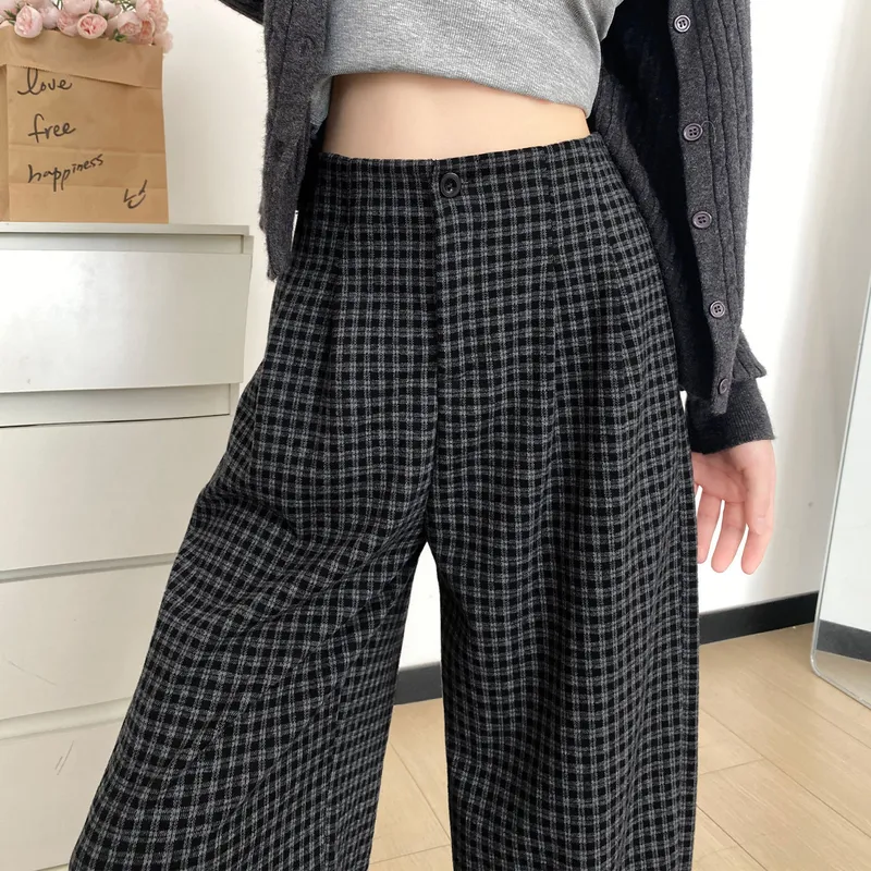 黑灰格子阔腿裤女新款秋季裤子宽松慵懒风垂感显瘦直筒休闲裤