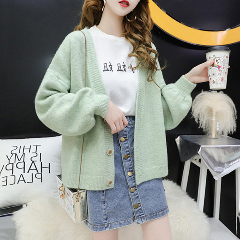 开衫外套女短款小个子针织衫宽松V领单排扣春新款慵懒风毛衣女