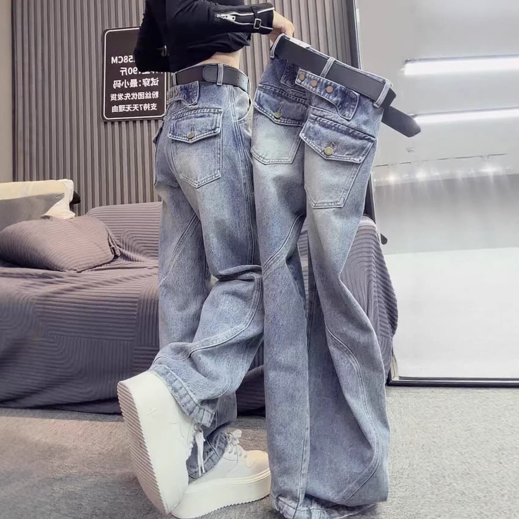 美式复古大码弯刀阔腿牛仔裤女春季2026新款高腰宽松显瘦直筒裤子