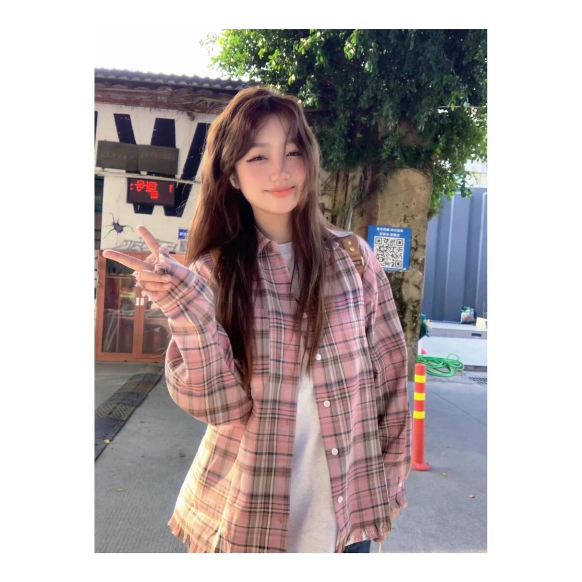 新款春秋粉色美式复古防晒格子衬衫女秋韩系宽松款遮显瘦开衫潮牌