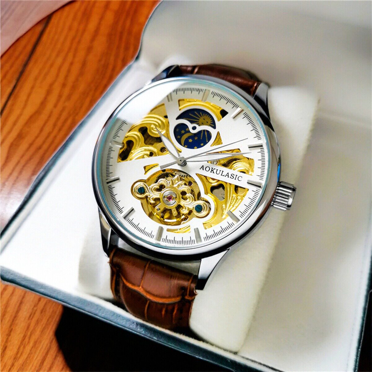 正品奥古拉斯手表防水男镂空透底全自动机械表月相真皮