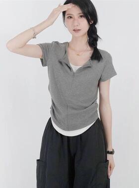 设计感小众假两件短袖t恤女2026年夏季新款洋气修身显瘦拉链上衣