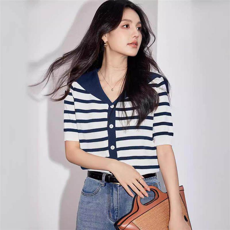 藏蓝色短袖条纹冰丝针织开衫女夏2026新款海军领撞色薄款别致上衣