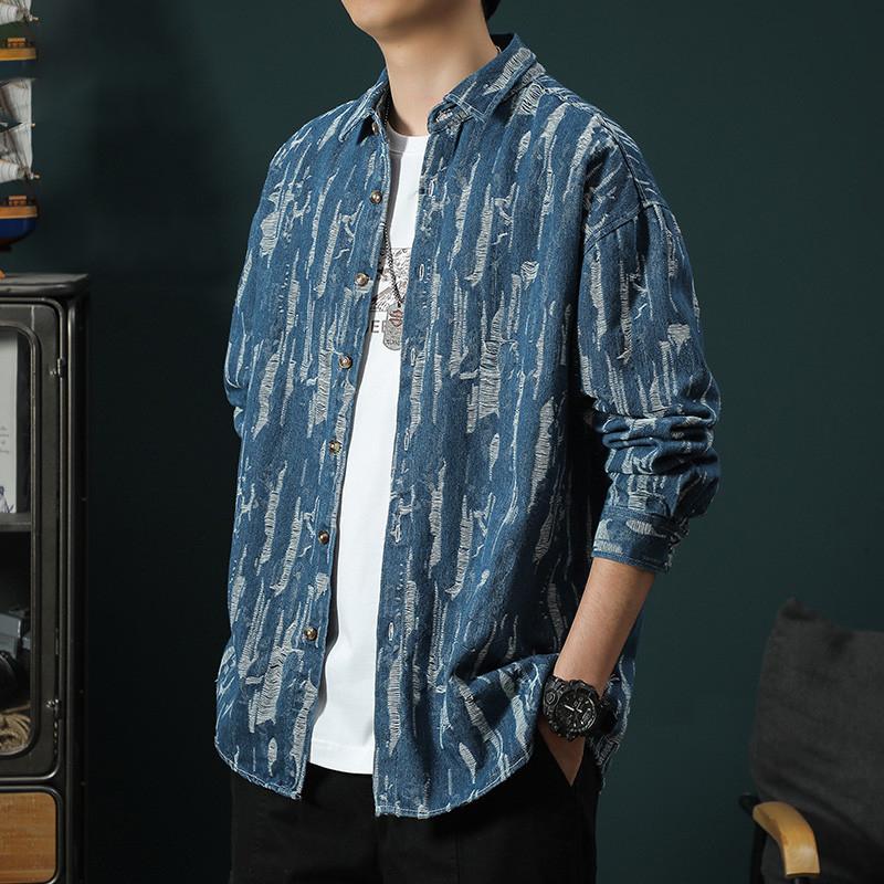 长袖衬衫男士春秋新款复古休闲翻领薄款上衣潮牌水洗牛仔衬衣外套