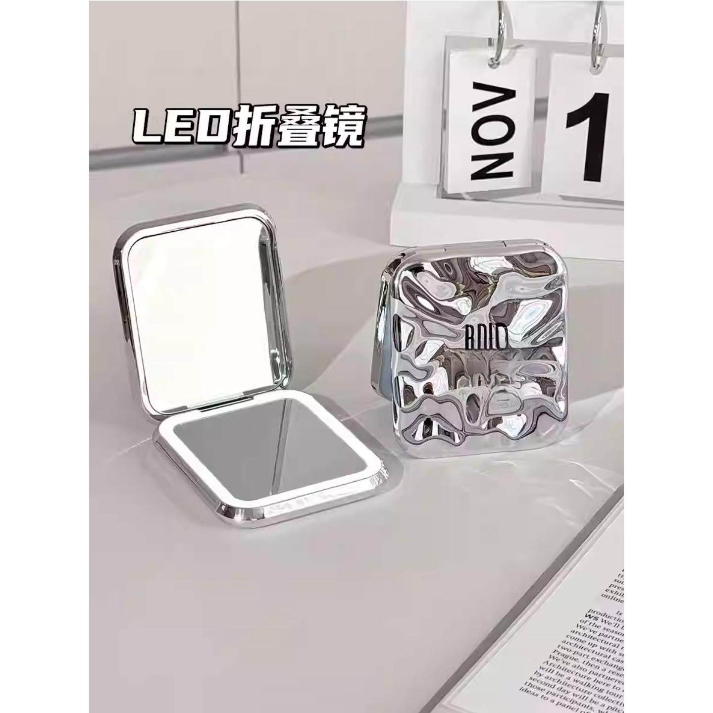 化妆镜家用轻奢LED带灯光可放大迷你补妆随身携带可折叠小镜子女
