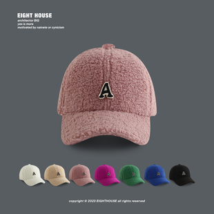 EIGHTHOUSE皮粉A贴标毛绒鸭舌帽男女冬棒球帽羊羔毛韩版 百搭减龄