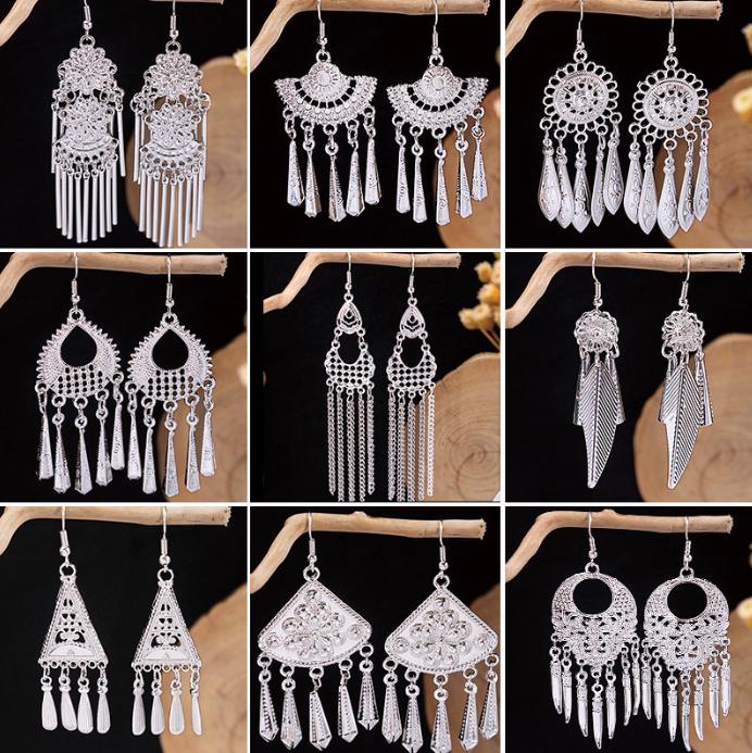 复古苗银少数民族风耳环个性波西米亚风花朵耳坠长款流苏表演耳饰