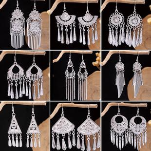 复古苗银少数民族风耳环个性波西米亚风花朵耳坠长款流苏表演耳饰