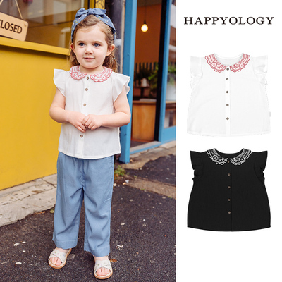 Happyology英国儿童新品春夏装娃娃领衬衫女童小飞袖绣花短袖上衣