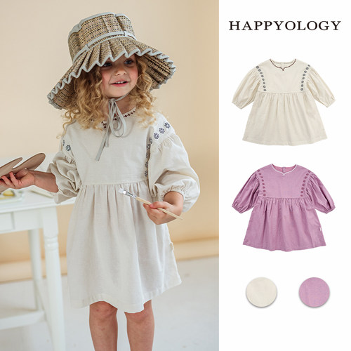 Happyology英国儿童童装春秋款泡泡袖连衣裙女童绣花春秋长袖裙子