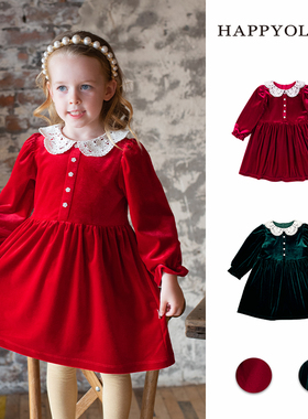 Happyology英国儿童丝绒绣花公主裙春秋装女童拜年服长袖连衣裙