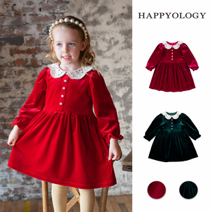 Happyology英国儿童丝绒绣花公主裙春秋装女童拜年服长袖连衣裙