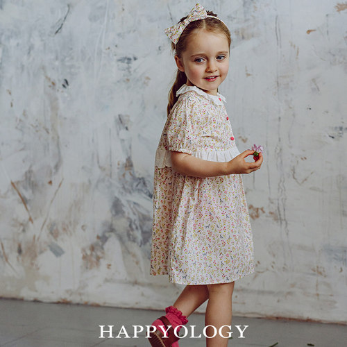 Happyology英国儿童春夏装碎花连身裙短袖撞色新品纽扣女童连衣裙