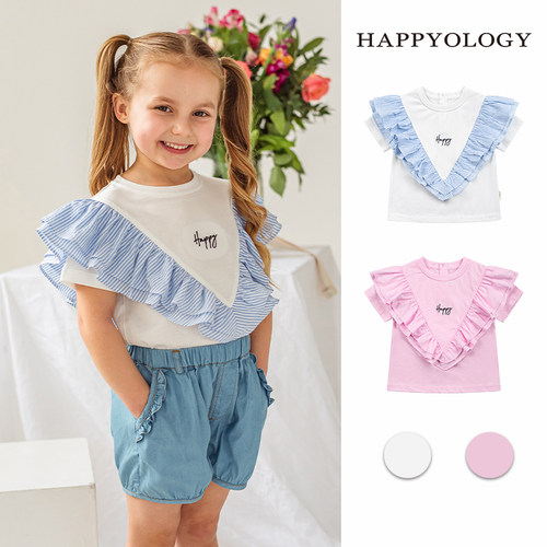 Happyology英国儿童短袖上衣春季新品女童英伦纯色可爱T恤