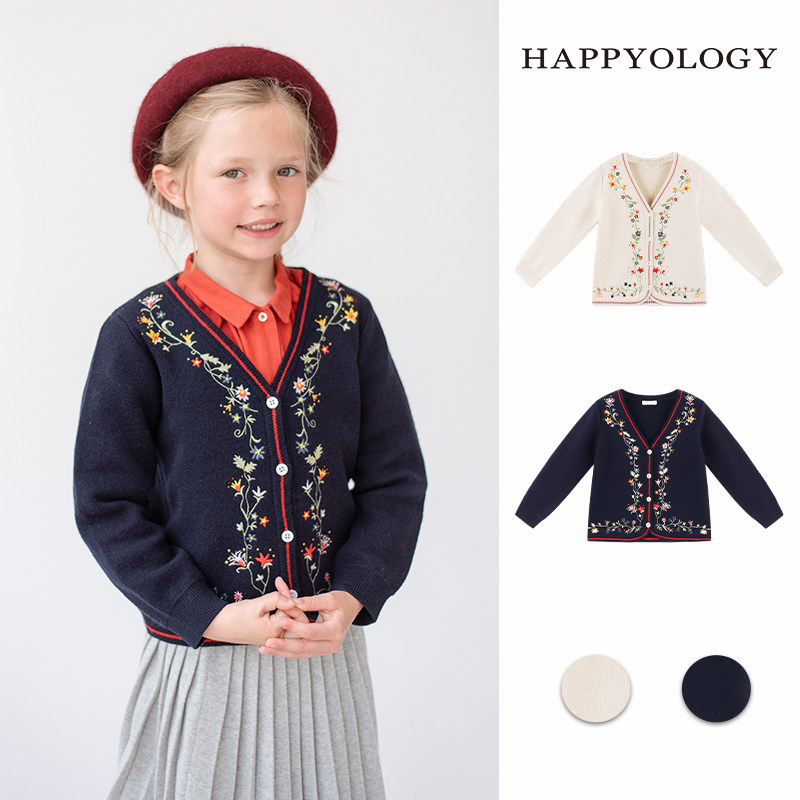 Happyology英国秋季绣花开衫儿童外套女童毛衣羊毛混纺长袖针织衫