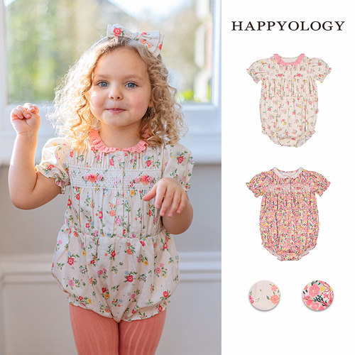 Happyology英国女童短袖连体衣婴儿衣服儿童司马克英伦绣花包屁衣