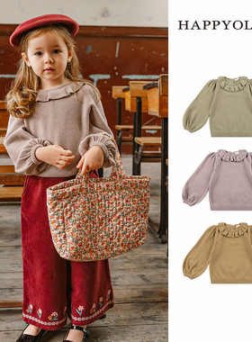 Happyology英国秋上衣女童毛衣童装山羊绒宝宝圆领套头荷叶边毛衫
