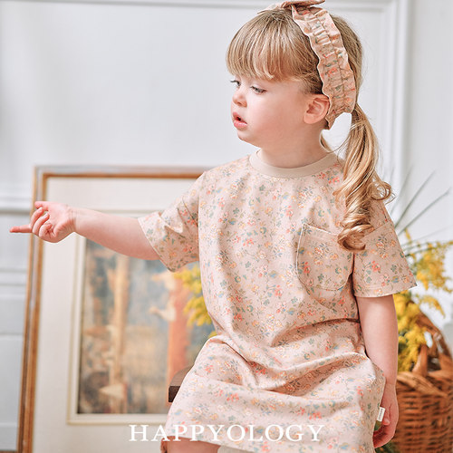 Happyology英国儿童春夏新款裙子女童圆领童装针织满印上衣T恤裙
