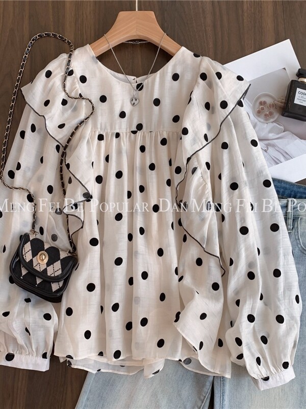 荷叶边雪纺波点娃娃衫女春夏设计感小众衬衫甜美法式别致长袖上衣