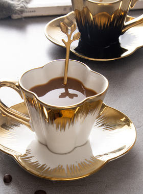 轻奢INS风咖啡杯碟套装高级感杯子欧式英式下午茶电镀金把手骨瓷e