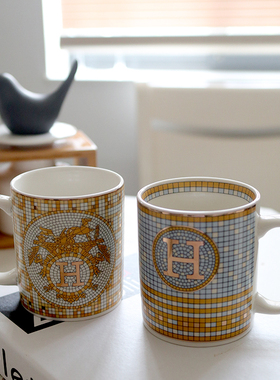 轻奢马克杯家用早餐杯情侣款牛奶杯咖啡杯欧式H家奢华金色马赛克e