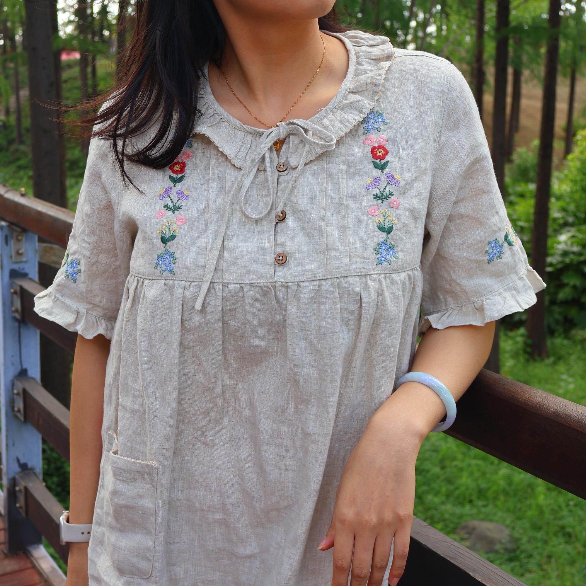 刺绣雨露亚麻家居服半舍与麻女