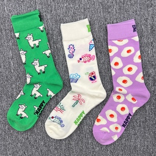 中筒袜百搭外穿纯棉袜子 款 happy袜子女多巴胺新款 甜美ins潮牌四季