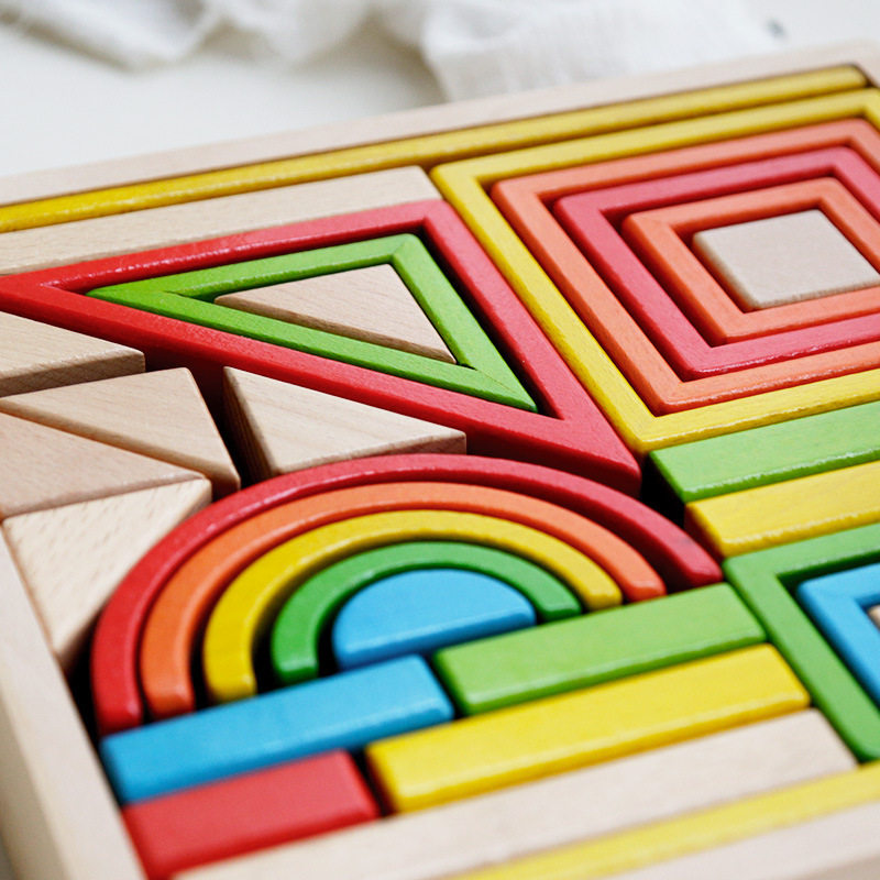 榉木大块实木彩虹积木成长儿童益智早教堆塔玩具2345周岁宝宝礼物