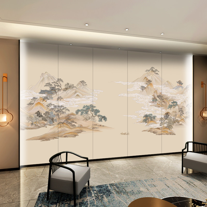 新中式千里江山刺绣硬包背景墙客厅沙发电视酒店饭店床头墙布定制