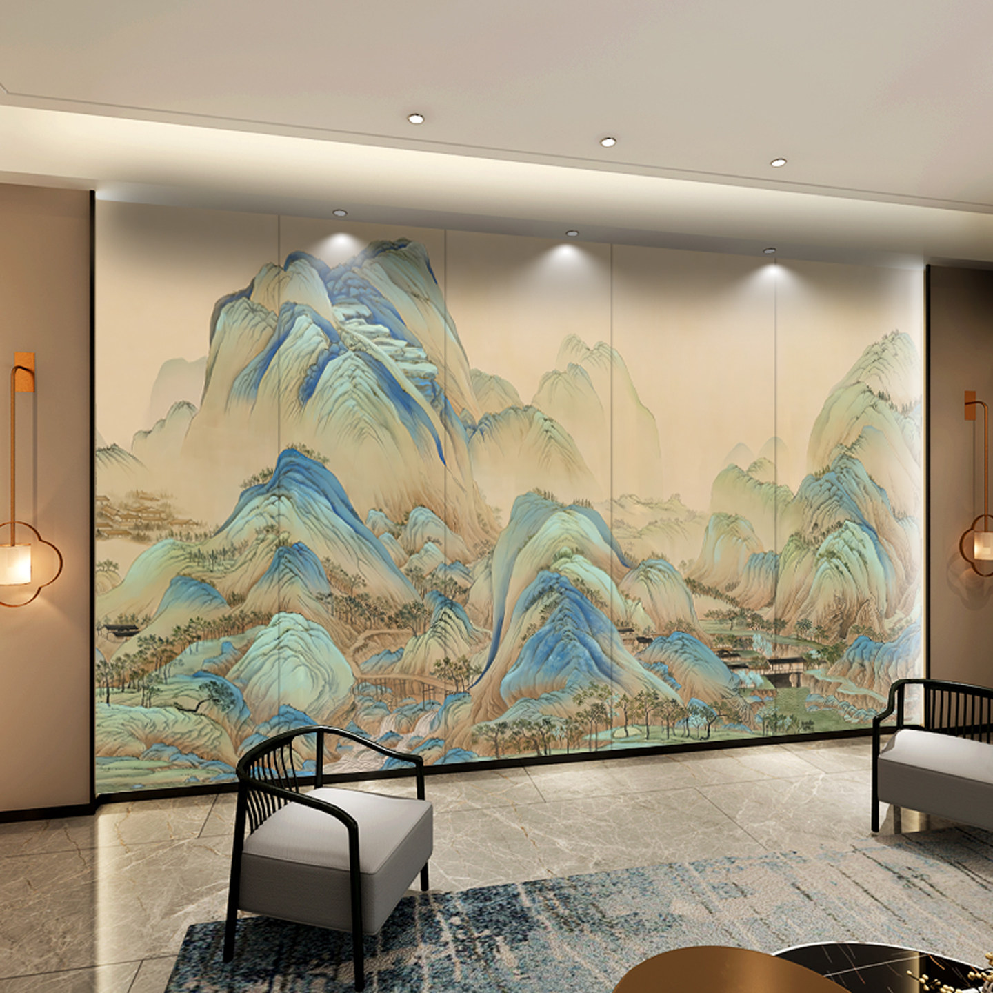 新中式千里江山刺绣硬包背景墙客厅沙发电视酒店饭店床头墙布定制
