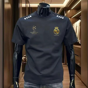 男欧冠巴萨足球训练T恤宽松百搭休闲圆领上衣潮 网眼短袖 夏季 新款