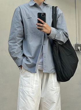 Point lamp秋季日系复古小字母刺绣衬衫男潮牌休闲纯棉工装衬衣男