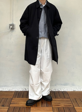 Point lamp秋季纯色百搭中长款风衣男日系复古学院风宽松棉服外套