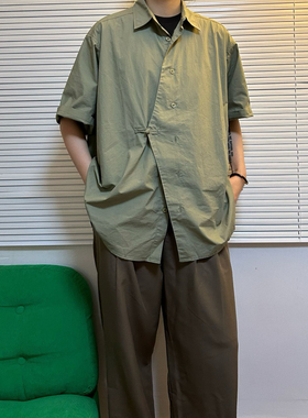 Point lamp夏季新中式休闲短袖衬衫男潮牌宽松设计全棉不规则衬衣