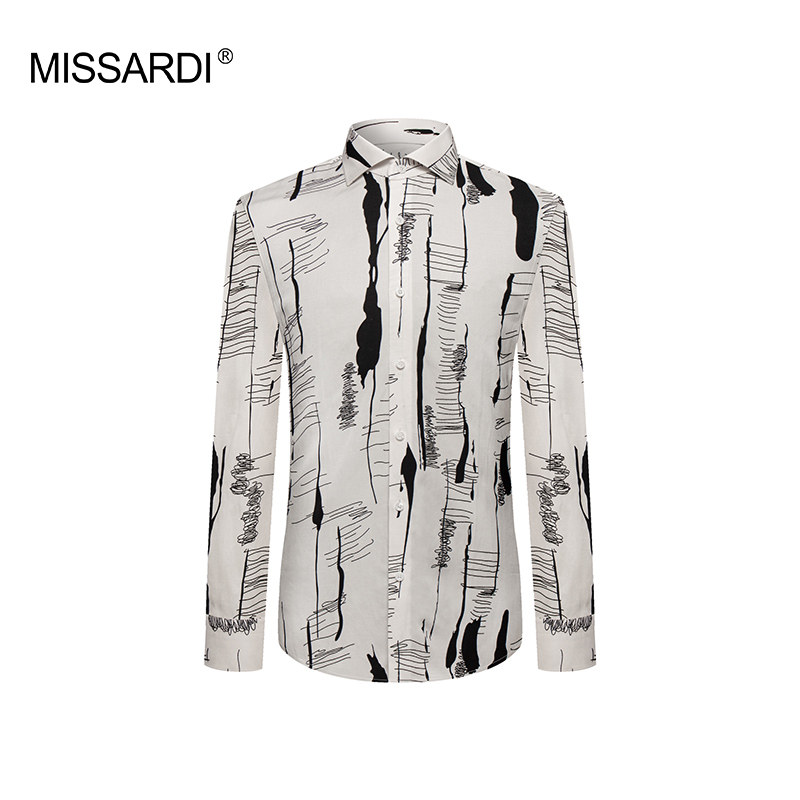 MISSARDI米纱迪 水墨流苏 艺术亚麻温莎领个性男士修身休闲衬衫